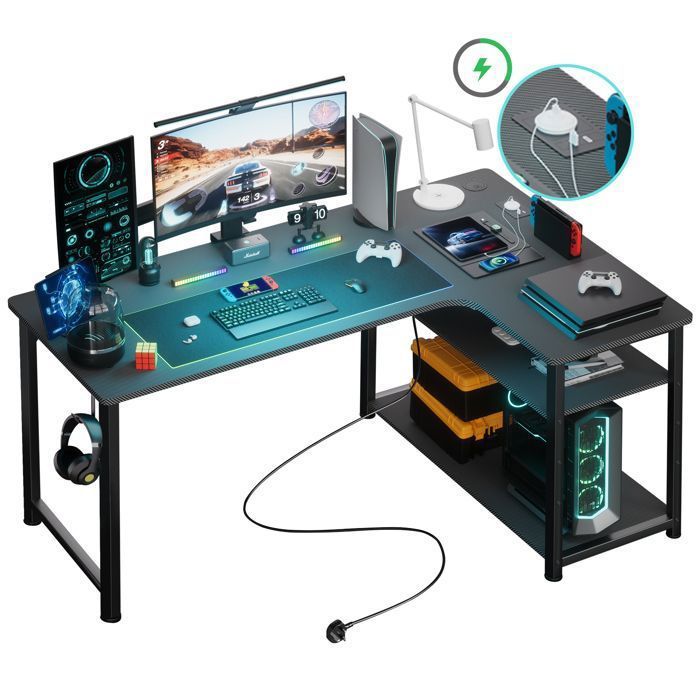 Bureau Gaming en Forme de L, Bureau d’Angle avec Étagères Rangement,  Prise de Courant, 120L*80P*74H, Noir