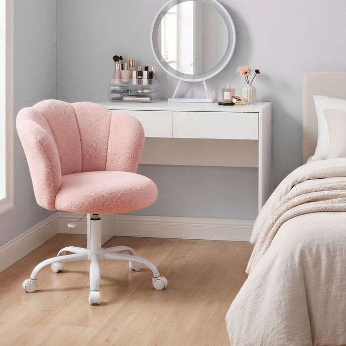 Silla de oficina giratoria ajustable, silla de maquillaje acolchada, respaldo de pétalos, para dormitorio, sala de estar, rosa.