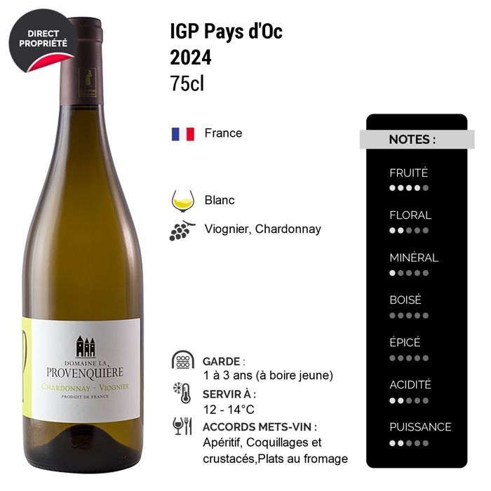Domaine La Provenquière Pays d'Oc Chardonnay Viognier 2024 - Vinho Branco de Languedoc - Roussillon (6x75cl) HVE.
