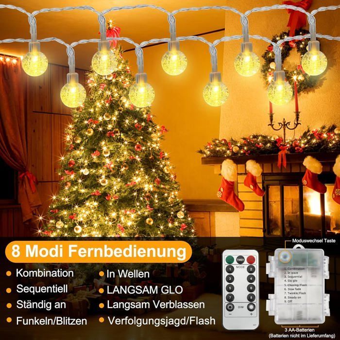 Guirlande lumineuse d'extérieur à piles, 6,5 m, 40 LED, 8 modes, étanche IP67, télécommande