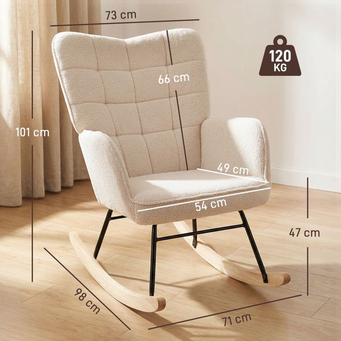 Fauteuil à bascule - HOMCOM - revêtement effet laine bouclée - structure en acier - pieds en bois massif - beige