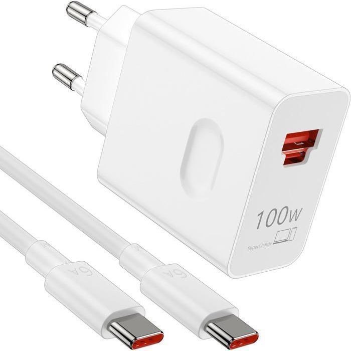 Cargador rápido Supercharge de 100 W para Honor 200 Pro+ y 200 Lite, cargador rápido con 2 puertos PD y cable USB-C de 1 m y 6 A, cargador Supercharge