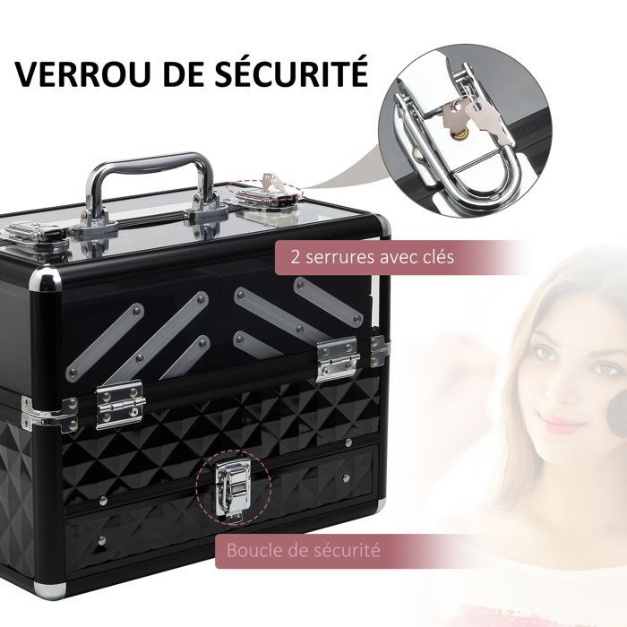 Estuche de maquillaje - HOMCOM - caja de cosméticos con asa y cierre - aluminio acrílico - 30x18x22cm - negro