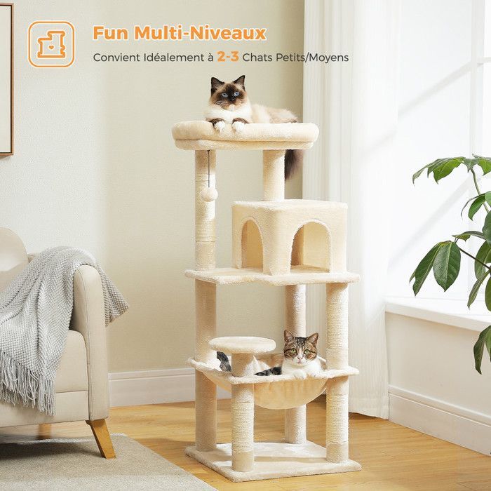 Árvore para Gatos PAWZ Road, Design Espaçoso, Grande, Robusta, Rede Estável com Casinha para Gatos - Média, Bege, 116cm