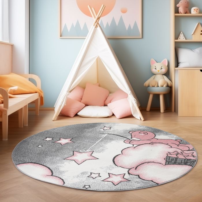 Tapis enfant doux Bear nuage étoiles motif tapis rectangle rond gris rose blanc [160x230 cm]