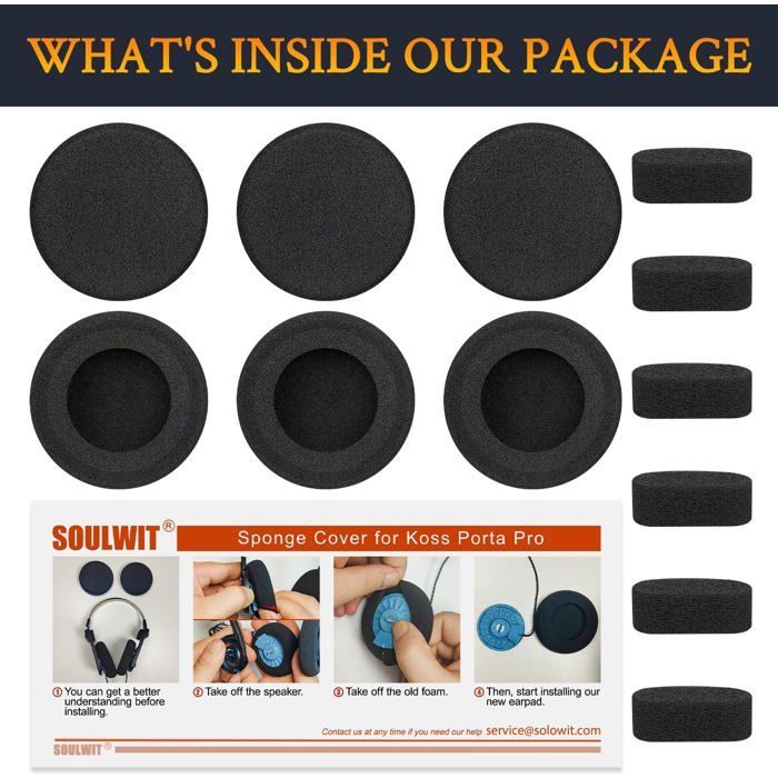 SOULWIT 6 Pieces Foam Cushion Sponge Ear Pads for Koss Porta Pro, KSC11, KSC17, KSC75 Headphones - Black