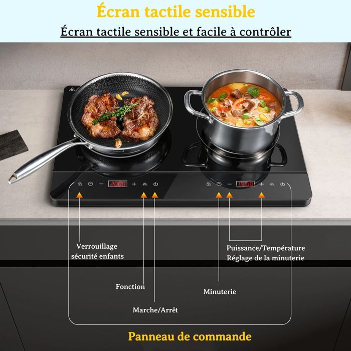 Plaque Induction 2 Feux,Table de cuisson induction,3500W, Écran Tactile, Contrôle Indépendant, 10 Niveaux,Portable