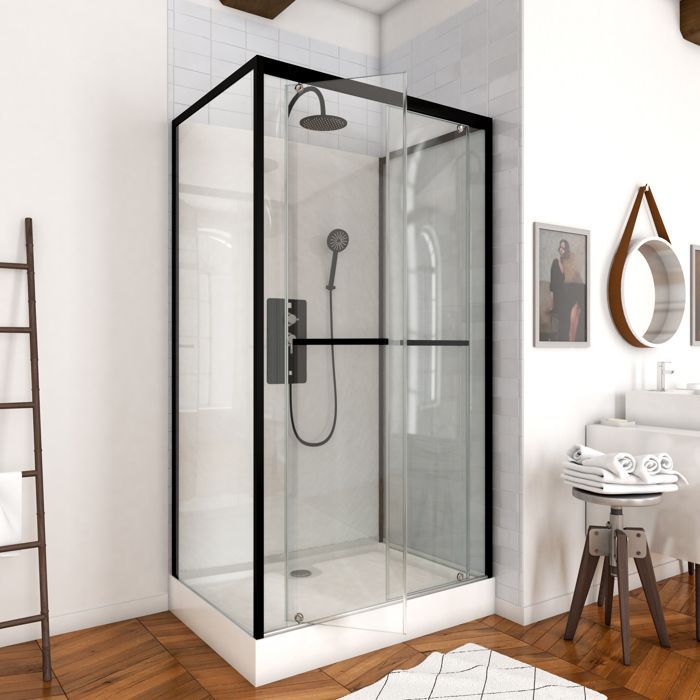 Mampara de ducha rectangular de 110x80x230cm - blanco extra con ribete negro mate - LUNAR