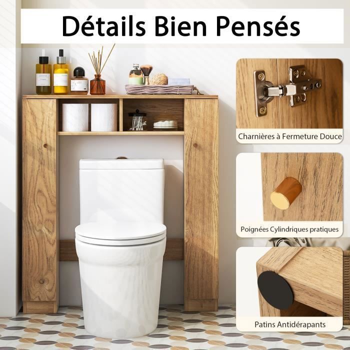 Armario de baño sobre el inodoro COSTWAY, 2 compartimentos, 2 armarios, 4 estantes ajustables, antivuelco, 18 x 87,5 x 98 cm, color natural.