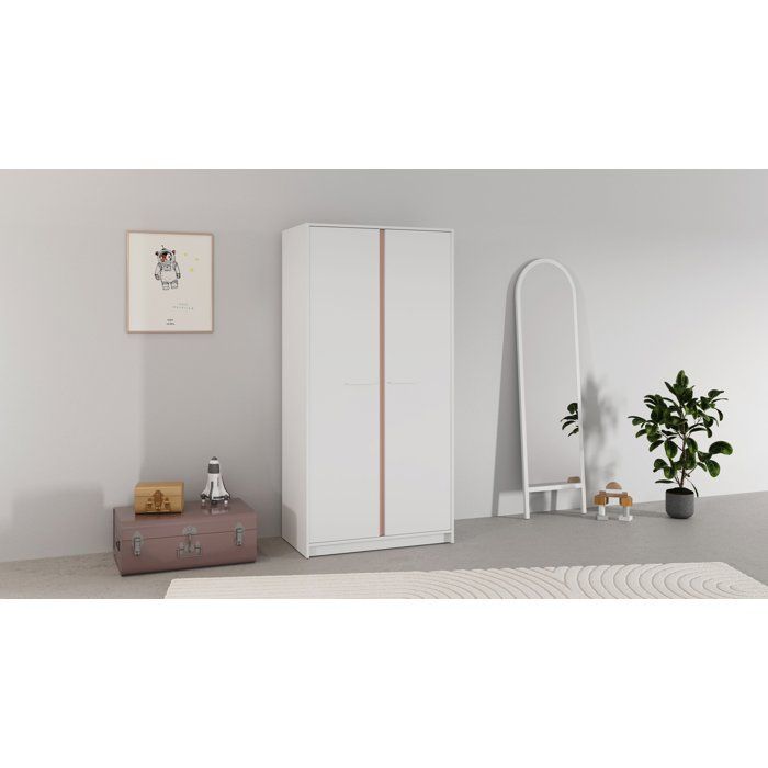 Armario de dormitorio - REVERSO - Blanco mate - Decoración rosa o azul - 2 puertas - Ancho 88,3 x Profundidad 50 x Alto 180,9 cm