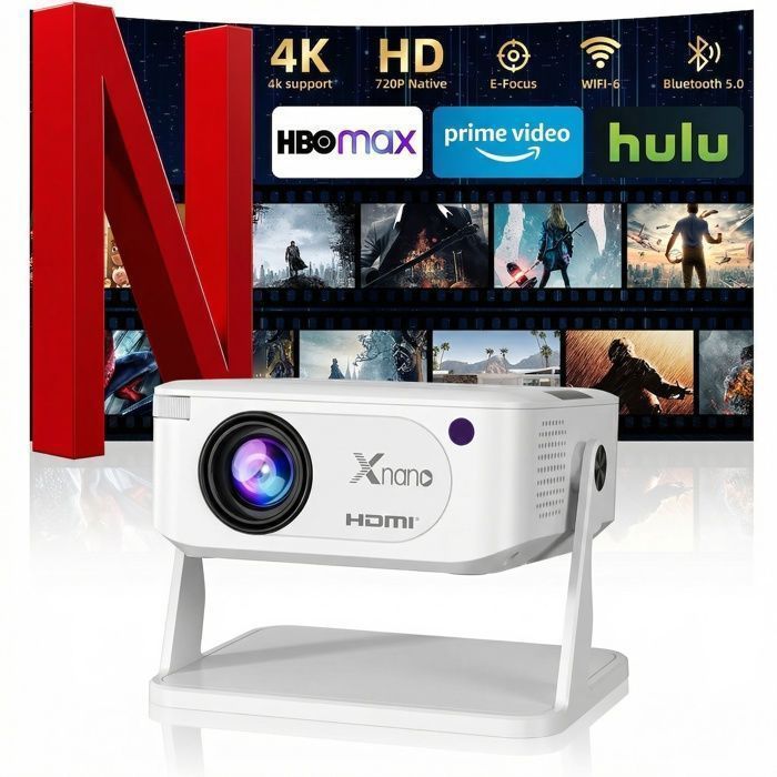 XNAN Draagbare WiFi 6 Bluetooth Home Cinema Projector, Mini Smart Projector Android 11 720P Ondersteuning 4K 161x135x170mm