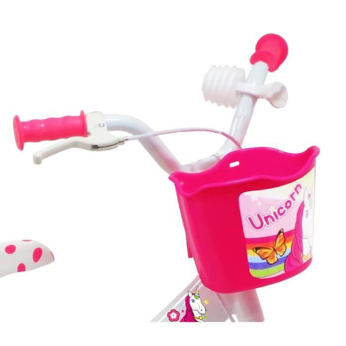 Vélo enfant Fille 12'' LICORNE/UNICORN - Blanc & Rose - 1 Frein - Panier avant et porte poupée