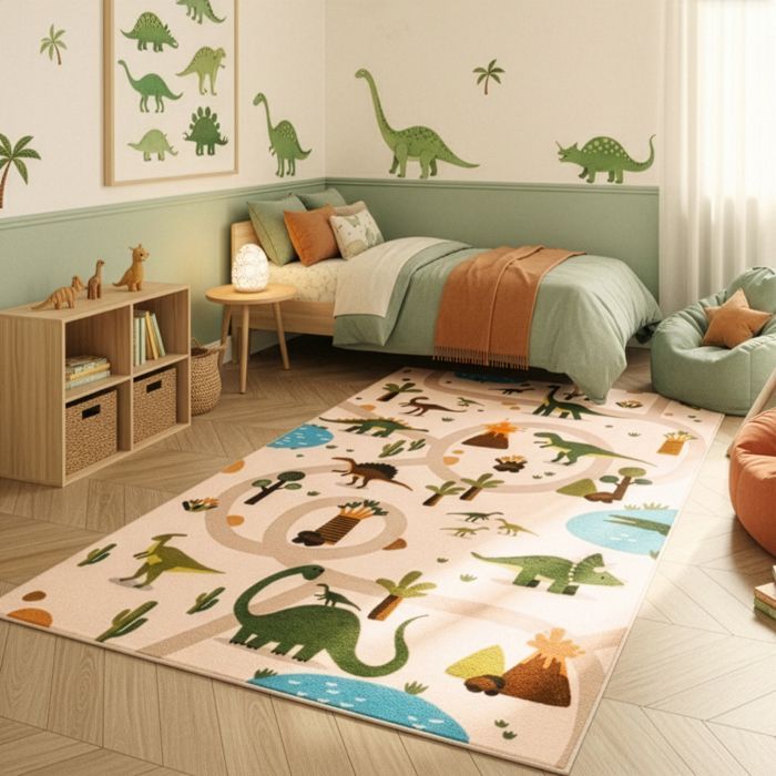 SIMPEX Tapis Enfant Dinosaures Tapis de Jeu pour Chambre d Enfant en Beige Motif Dino avec Routes taille 80x150 cm