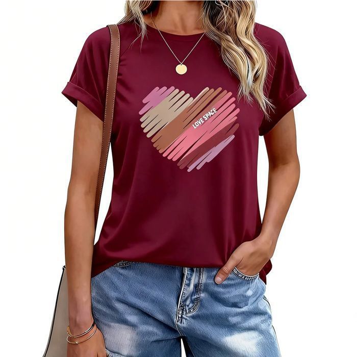 Camiseta de mujer, elegante camiseta de verano de manga corta con cuello redondo y estampado de corazón, cómoda - Roja
