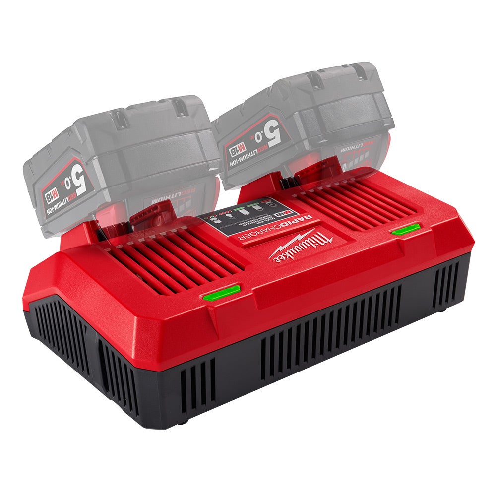 Carregador rápido Milwaukee de 18V com duas baias, carregamento simultâneo M18DFC