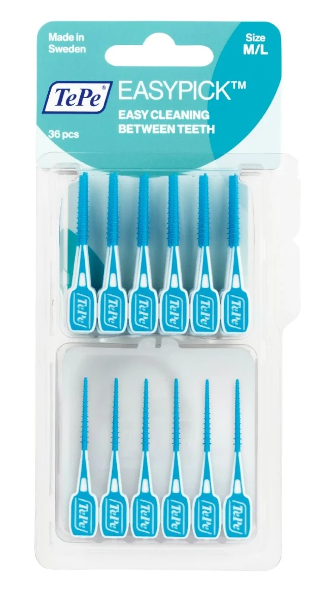 TEPE Easy Pick 36 palitos dentales de silicona para la limpieza de espacios interdentales con aparatos de ortodoncia e implantes. Talla M/L