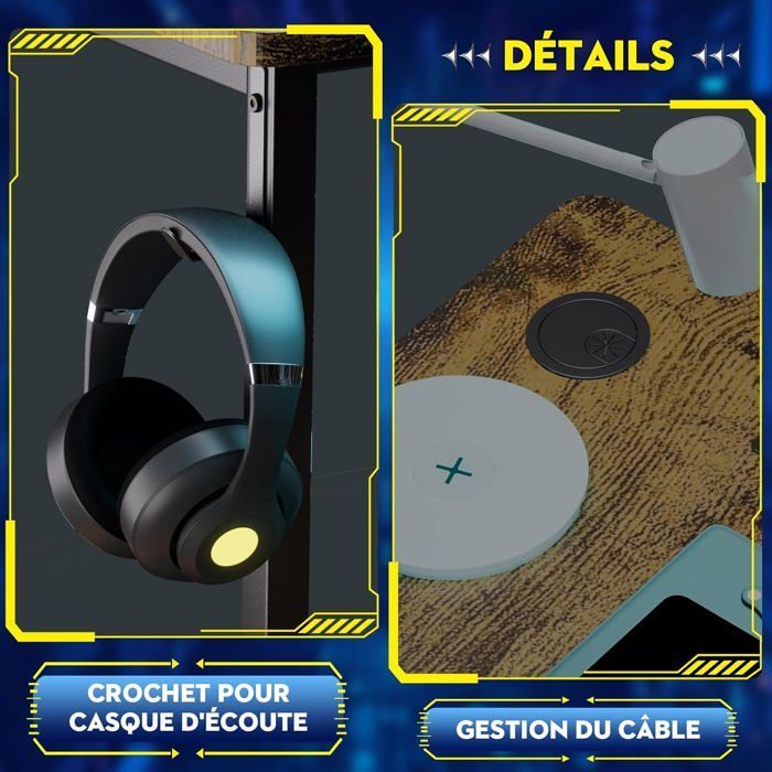 Bureau Gaming en Forme de L Marron - Étagères Rangement - Port de Charge USB - Prise de Courant