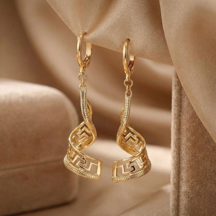 Boucles d'Oreilles - Femme - Pendantes - Spirale - Grecque – Plaqué Or Jaune 750/1000 - 45 mm