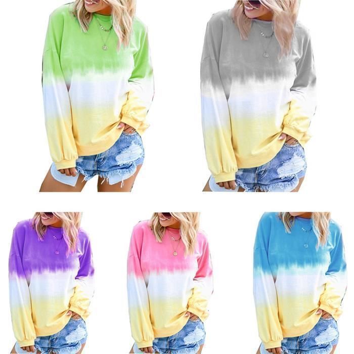 Sudadera de cuello redondo para mujer 2025, estampado degradado arcoíris, tendencia primavera/otoño - Gris
