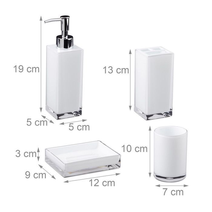 Relaxdays Bathroom Accessories 4-Piece Set: Soap Dispenser, Tumbler, Toothbrush Holder, Plastic Soap Dish, White