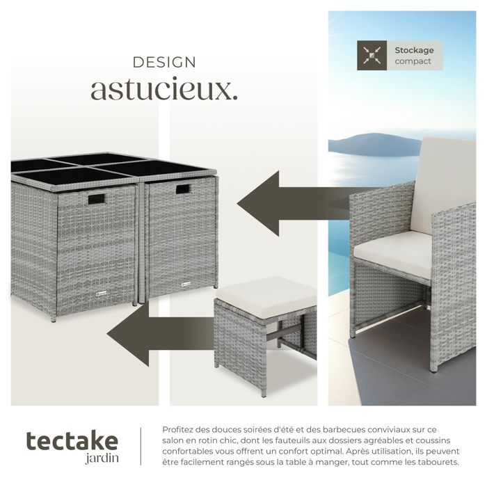 GARDEN TABLE AND CHAIR SET - TECTAKE - BILBAO Garden Lounge Set for 4 to 8 People, Foldable, Protective Cover Included - Light Grey