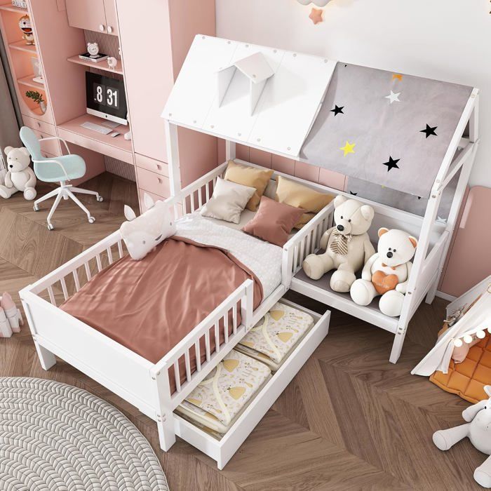 Lit d'enfant 90x200cm - lit simple en bois - multifonctionnel - avec tissu de tente - pour chambre d'enfant - blanc (sans matelas)