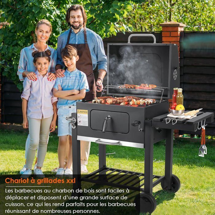 Zwarte houtskoolbarbecue, XL, met deksel, grillrooster, wielen en thermometer, rookbarbecue, 116,3 x 106 x 56 cm