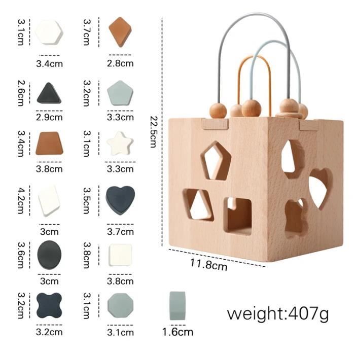Cube d'activité - Montessori - Silicone et bois - Éducation précoce - Tri de formes - Mixte