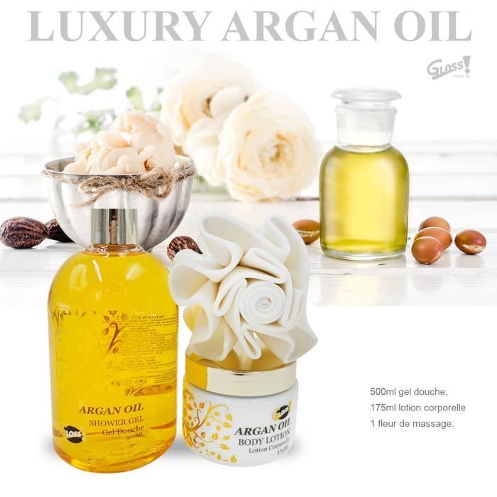 Set regalo per il bagno - Naturale - Olio di Argan - Gel doccia 500 ml - Lozione 200 ml - 1 spugna in EVA