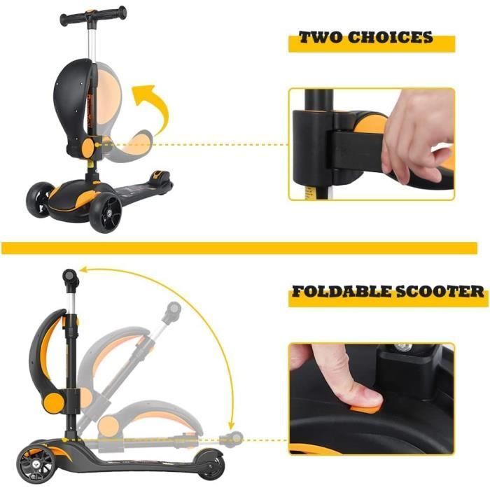 Patinete 3 en 1 para niños - BremToy - Amarillo y negro - Manillar regulable en altura - Ruedas LED
