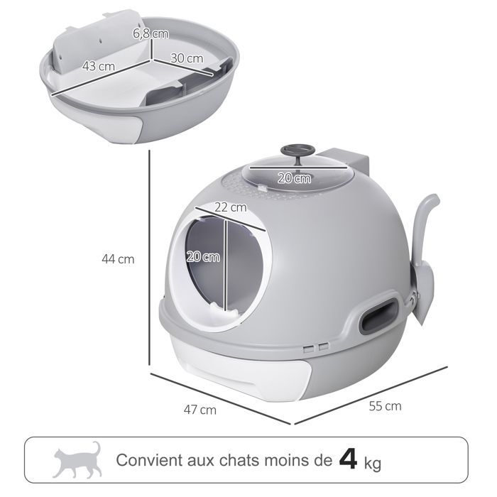 Bac à litière pour chat - maison de toilette - PawHut - portable tiroir coulissant porte battante pelle - plastique - gris