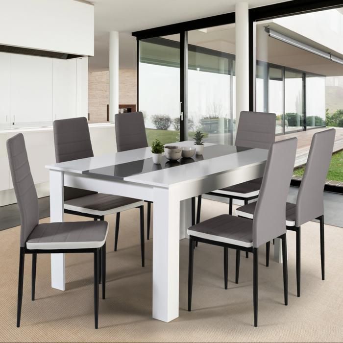 Conjunto de mesa de comedor IDMARKET GEORGIA, 140 cm, blanco y gris, y 6 sillas ROMAE, grises con ribete blanco.