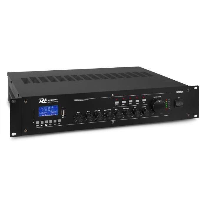 Amplificatore mixer a 6 canali Power Dynamics PRM360, 360 W, Bluetooth, con telecomando.