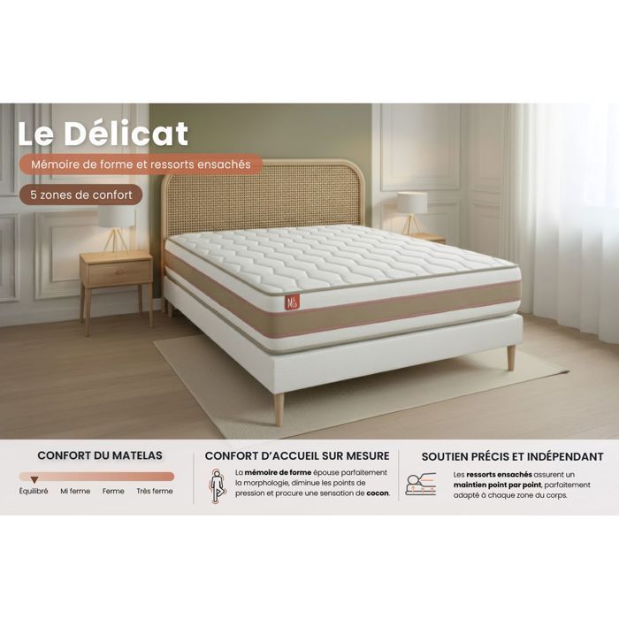 LE DÉLICAT 90x200cm Pocket Springs + Memory Foam 5 Comfort Zones - 26cm Thick + Slatted Base Kit White