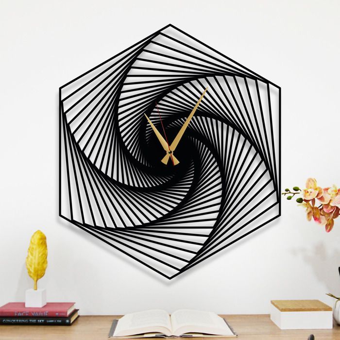 Horloge Murale - DEKORY - Spirale Hexagone - 70 cm - Acier - Noir Mat - Effet 3D
