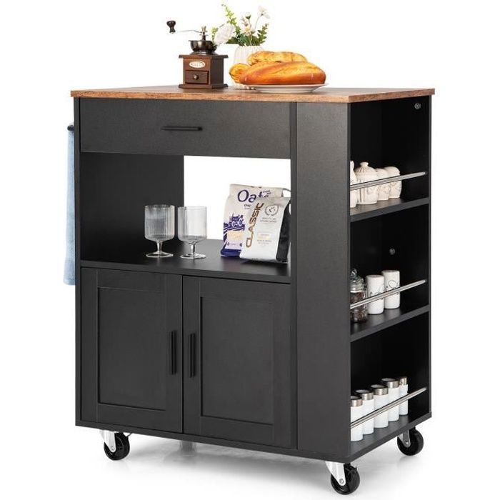 Carrito de cocina COSTWAY con ruedas (2 con cerradura) 82x46x92cm, isla de cocina con 3 especieros, color negro.