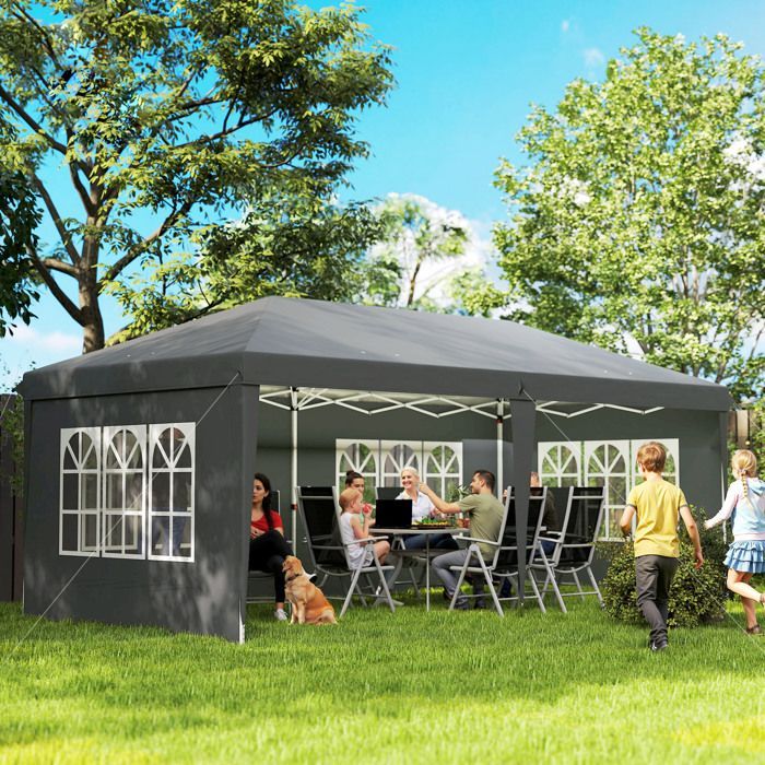 Tonnelle pop-up pliante - Outsunny - 3 x 6 m - 3 cotés démontables - piquets d'ancrage au sol + sac de transport inclus - gris