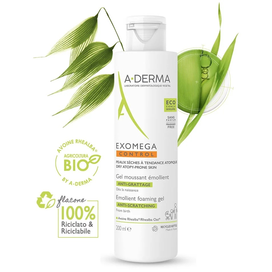 Gel nettoyant adoucissant A-Derma Exomega Control 200 ml pour peaux sèches et atopiques