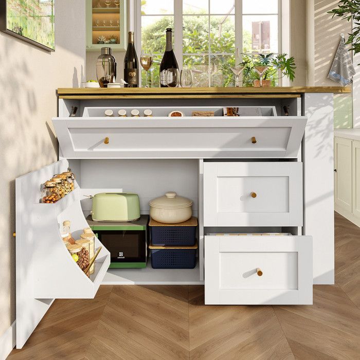 Low sideboard 138-204 × 39 × 105 cm with extendable bar table, Kitchen sideboard with snack shelf, Living room sideboard in white