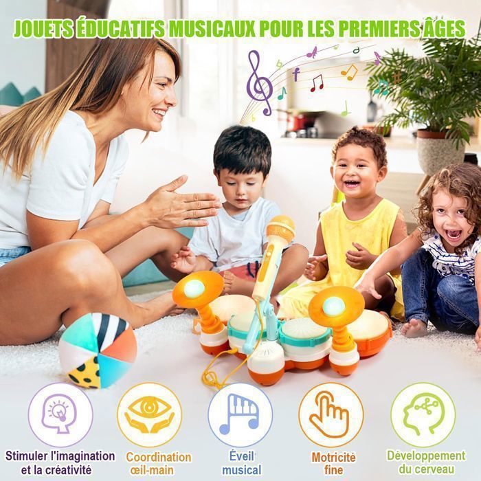 Instrumento musical para bebés, batería de juguete para bebés, tambor de juguete para niños - 3 modos - Apto para niños y niñas de 1 año en adelante
