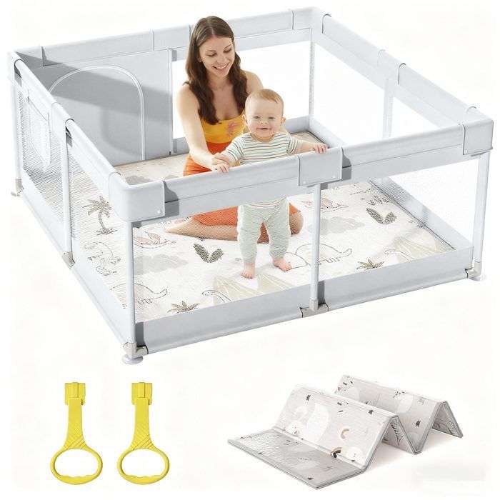 Parque infantil de 120 x 120 cm, ideal para uso en interiores, amplio y seguro, con estructura de malla.