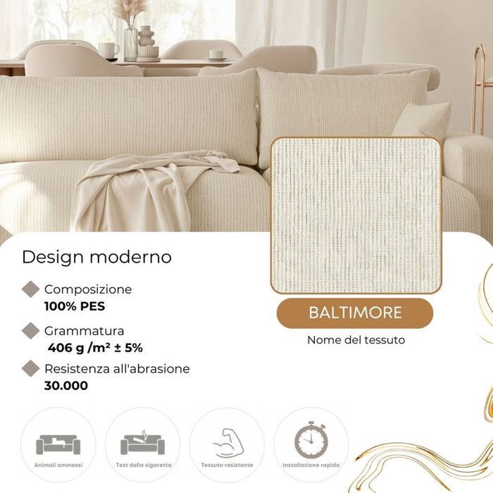 Divano angolare panoramico PIANO U - 7 posti - Divano trasformabile con contenitore - Tessuto intrecciato color crema