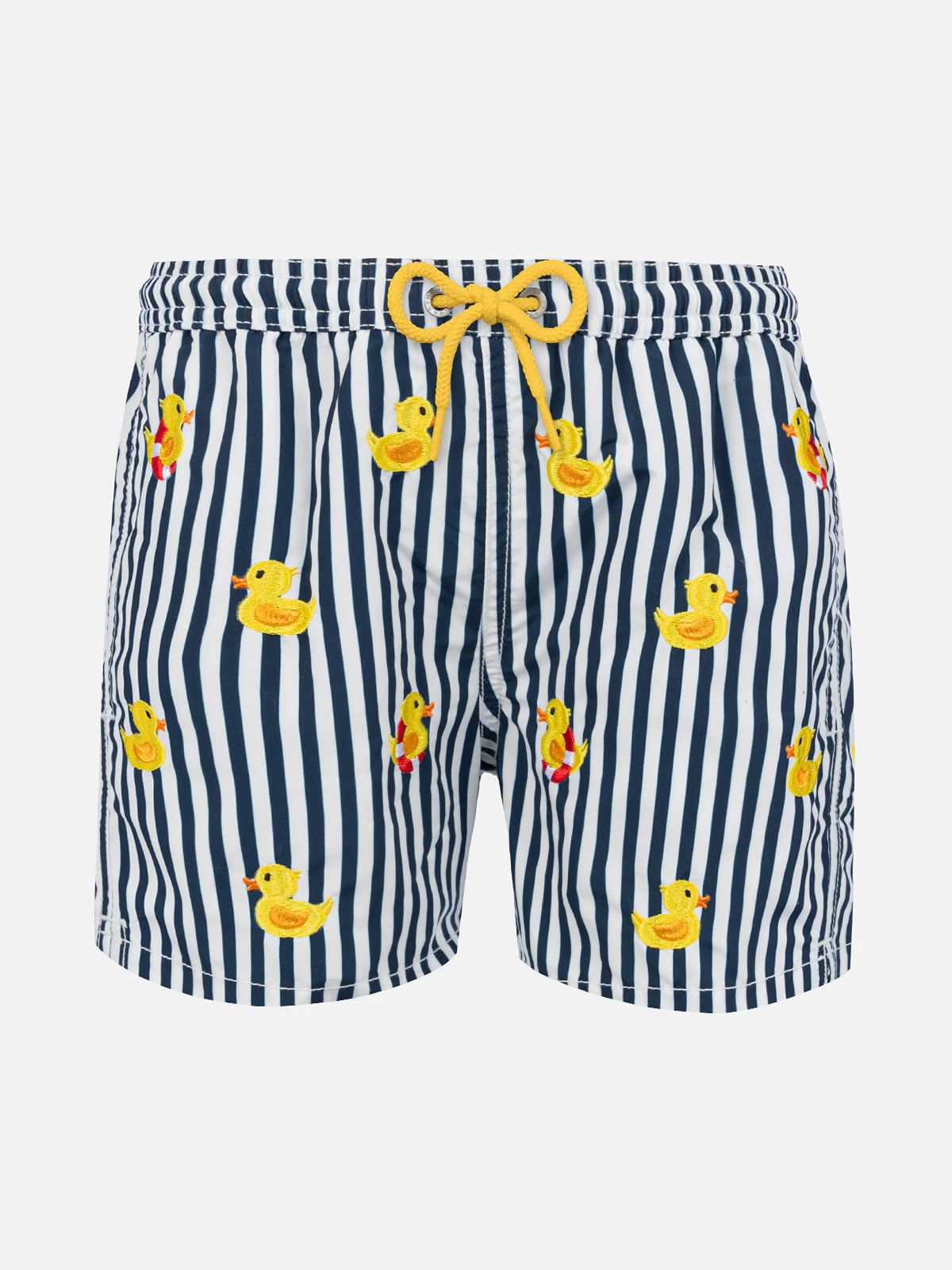 Costume da bagno da bambino a righe con papere ricamate