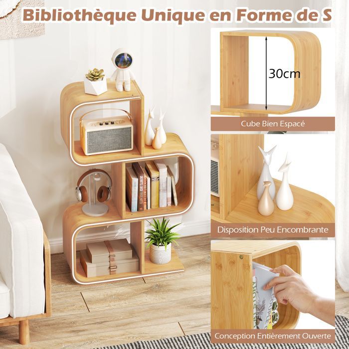 Estantería en forma de 'S' de 3 niveles de COSTWAY, 3 cubos abiertos, estante de almacenamiento de bambú para el suelo del salón u oficina, color natural.