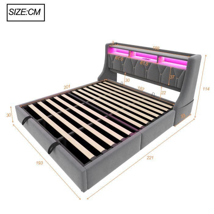 Cama tapizada con almacenamiento, 180x200 cm, con iluminación LED y toma de corriente integrada, apertura hidráulica, colchón no incluido - Terciopelo gris