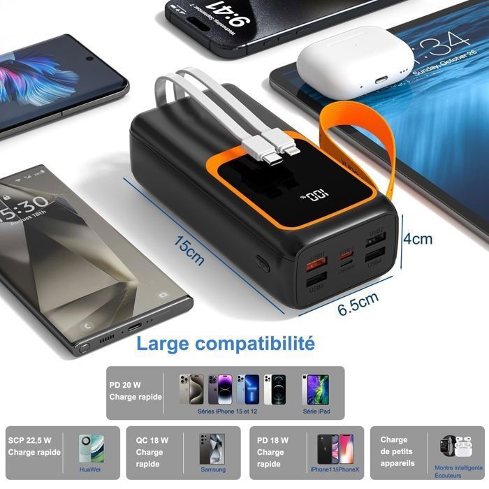 50000mAh External Battery, BYONDSELF®, 22.5W Fast Charging, 2 Inputs/6 Outputs, Integrated Type-C/Lightning, Lighting Function