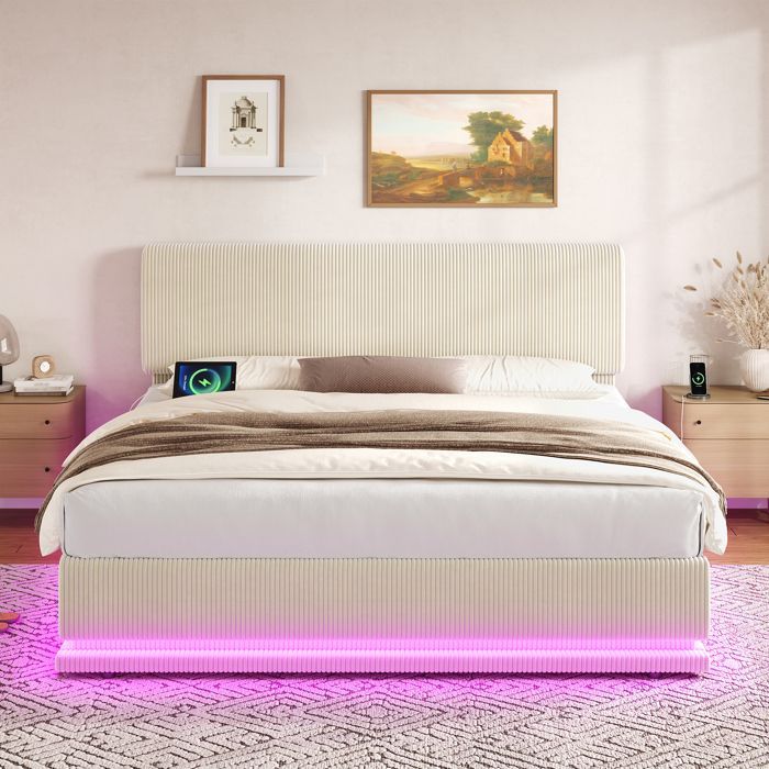 Lit Coffre 180x200 cm - avec Rangement Intégré, LED et Charge USB-C, Tête de Lit Réglable, Sommier Inclus - Velours Côtelé - Beige