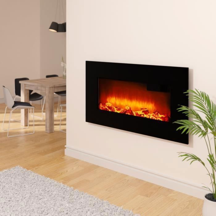 Chimenea eléctrica mural MONZANA negra - Efecto llama ilusión - 1800 W - Control remoto - Temporizador