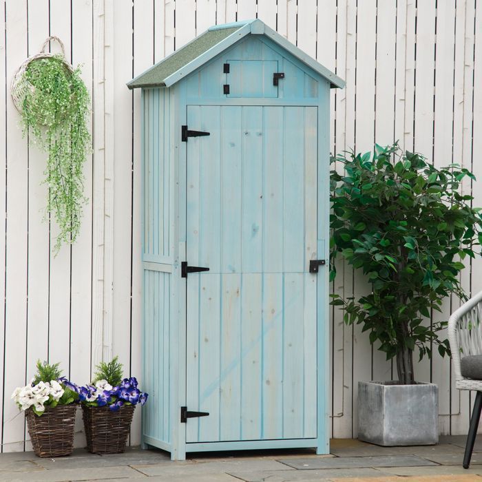 Armoire de jardin - Outsunny - abri outils 3 étagères 2 portes toit bitumé stockage extérieur - bois - 77x54x179cm - bleu