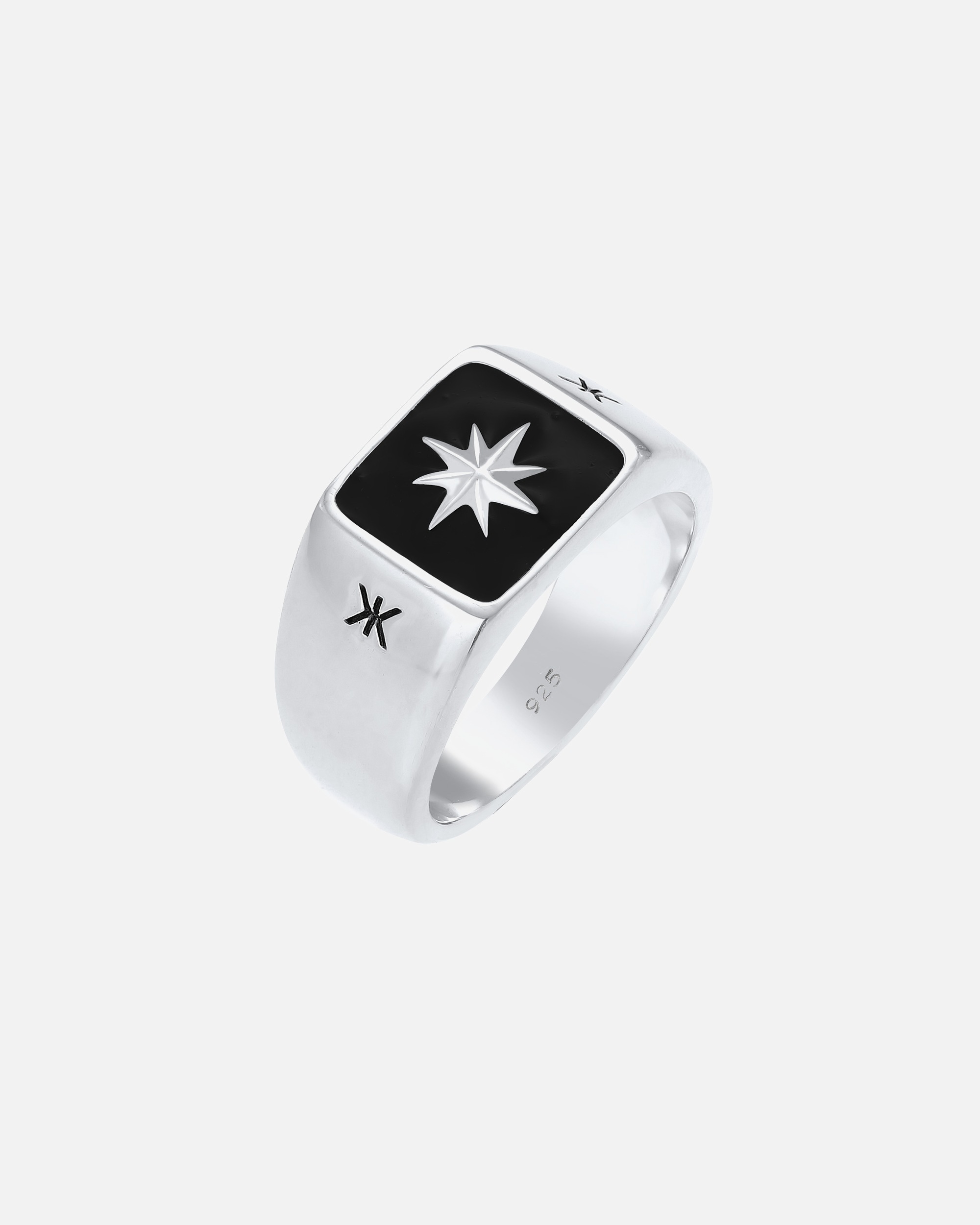 KUZZOI Hommes Signet Black Enamel Star Massive en argent sterling 925
